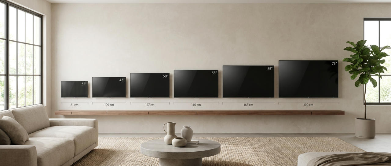 Apercu des dimensions de TV en centimetres par taille en pouces dans un salon