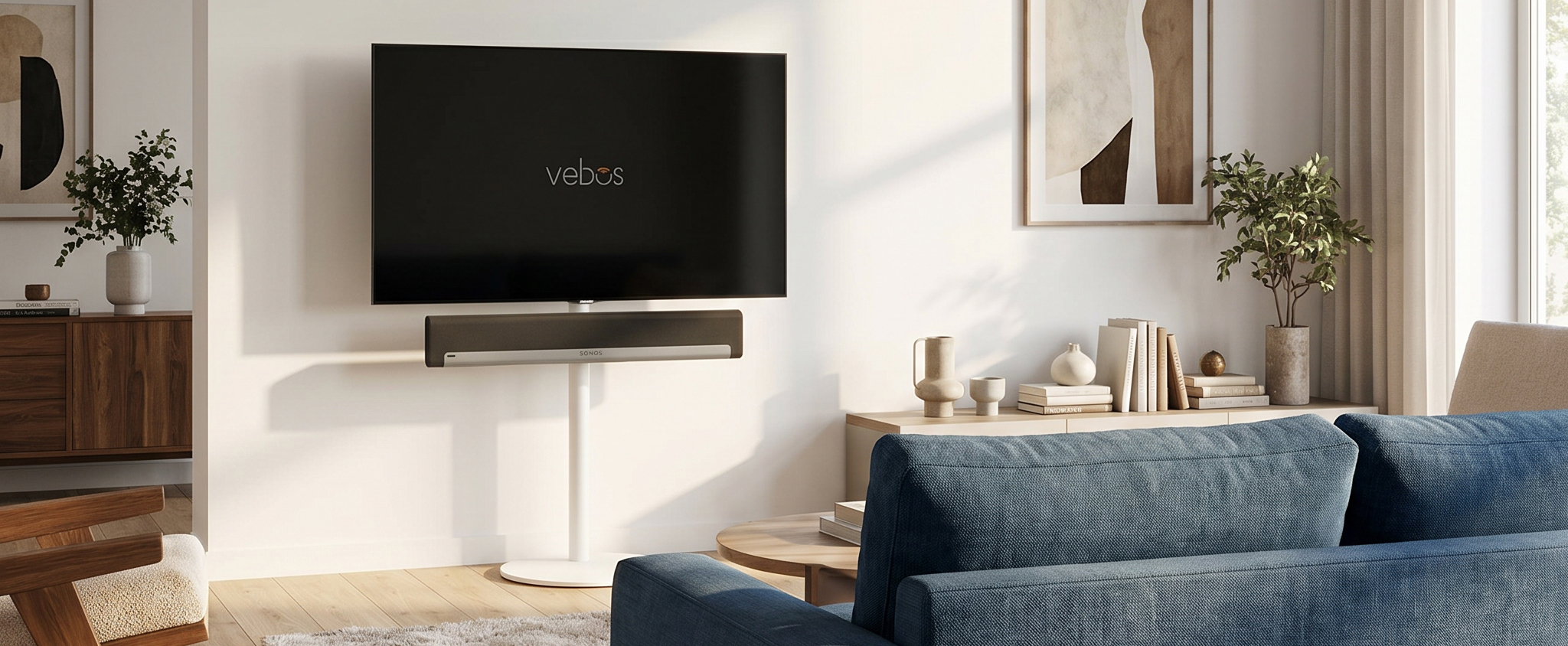 Un téléviseur monté sur un support TV pour un mur neutre.